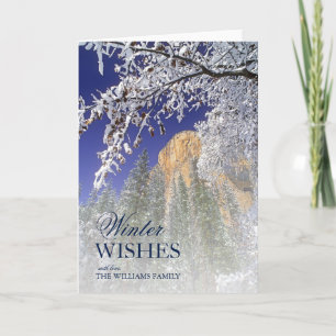 Yosemite framed by snow-covered black oaks holiday card