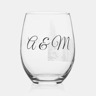 Yosemite Half Dome Sunset Initials Wedding Stemless Wine Glass
