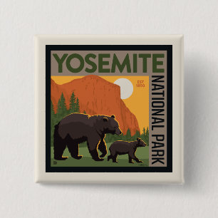 Yosemite National Park   Bear Family 2 Inch Square Button