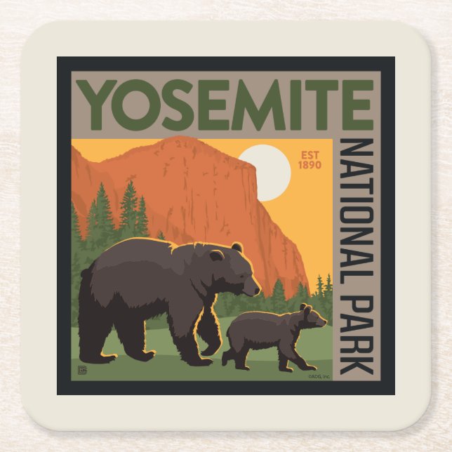 Yosemite National Park | Bear Family Square Paper Coaster (Front)