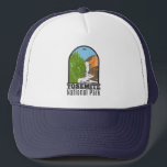 Yosemite National Park California Vernal Fall  Trucker Hat<br><div class="desc">Yosemite vector artwork design. The park is famed for its giant,  ancient sequoia trees,  and for Tunnel View,  the iconic vista of towering Bridalveil Fall and the granite cliffs of El Capitan and Half Dome.</div>