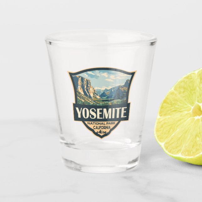 Yosemite National Park Illustration Retro Badge Shot Glass (Front)