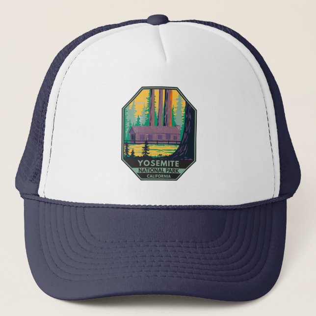 Yosemite National Park Mariposa Grove Cabin Retro  Trucker Hat (Front)