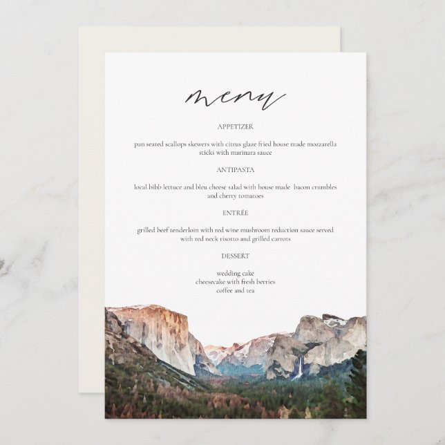 YOSEMITE National Park Skyline Watercolor Wedding  Menu (Front/Back)