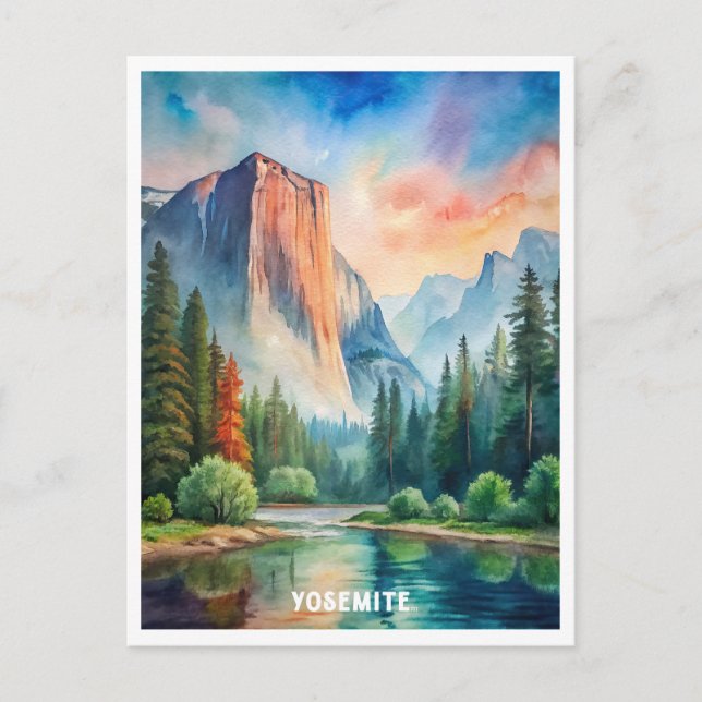 Yosemite National Park Watercolor Painting Postcard (Front)