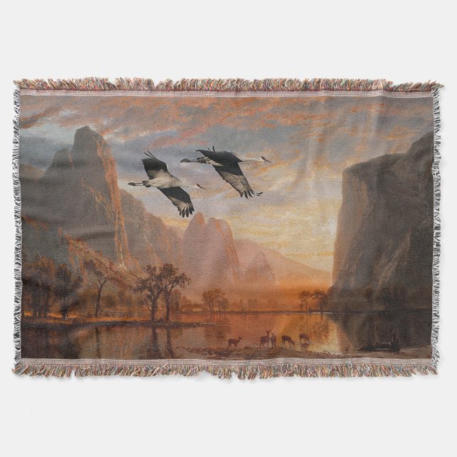 Yosemite Park Lake Deer Sandhill Crane Birds Throw Blanket (Front)