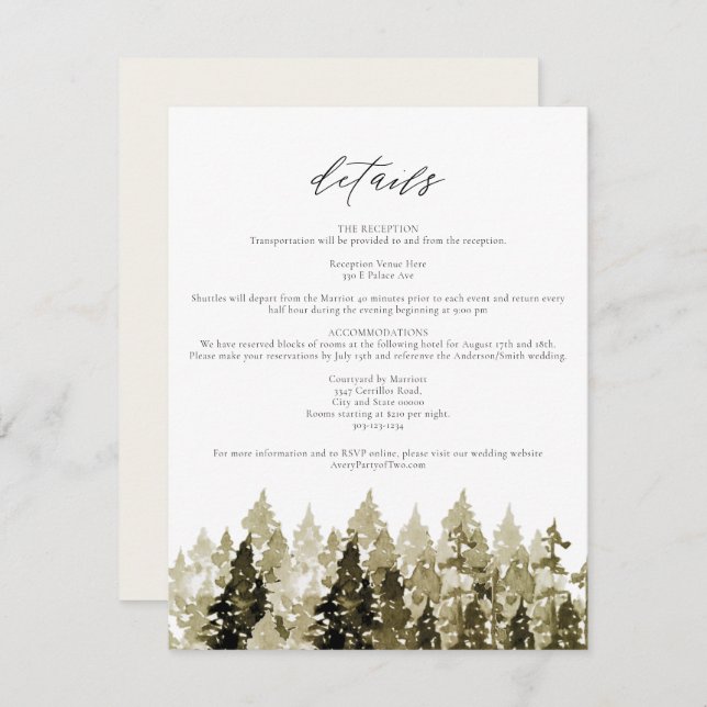YOSEMITE Rustic Watercolor Pine Tree Details Card (Front/Back)