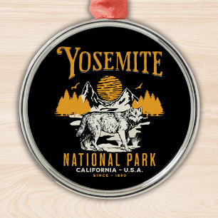 Yosemite Woodland Scenery with Retro Wolf Metal Ornament
