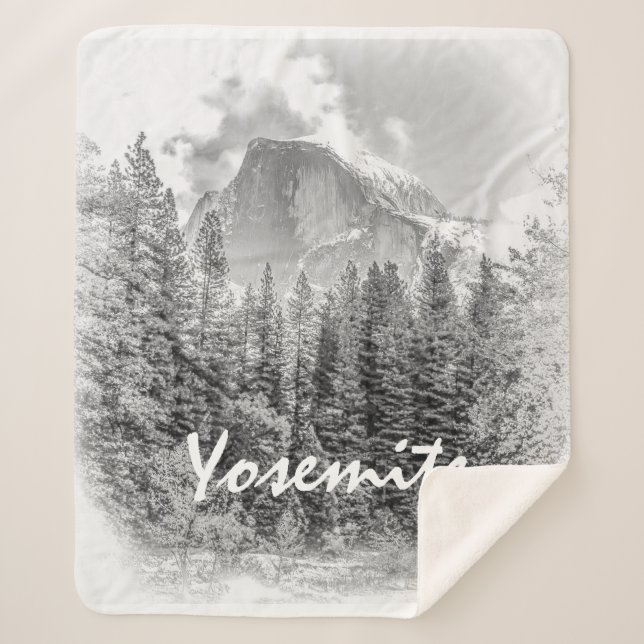 Yosemite's Half Dome in Winter with Yosemite Text Sherpa Blanket (Front)