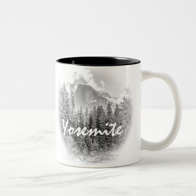 Yosemite's Half Dome in Winter with Yosemite Text Two-Tone Coffee Mug (Right)