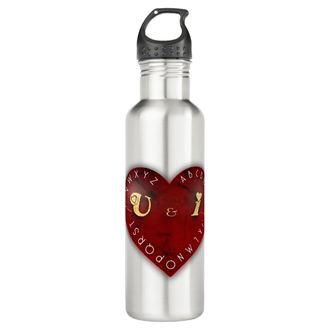 You and I - alphabet game on a red heart 710 Ml Water Bottle (Front)