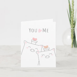 You and Me Cute Pig Pink Heart Love Greeting Card