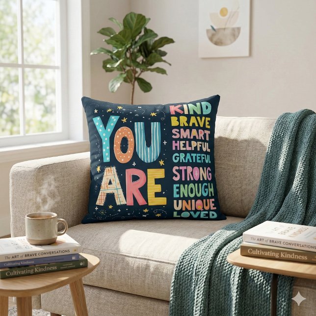 You Are Affirmations Bright Hand Lettering Throw Pillow (You Are Affirmations Bright Hand Lettering Throw Pillow Mockup D)