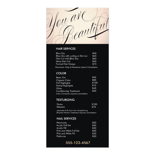 You Are Beautiful  Black Salon Price List Menu (Front)