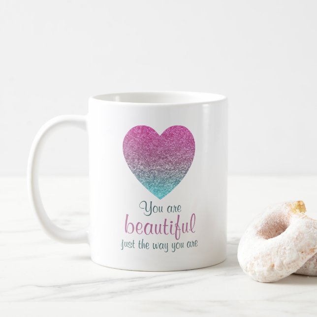 You Are Beautiful Glitter Heart Gift Coffee Mug (With Donut)