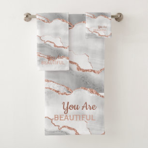 "You Are Beautiful" White Agate Rose Gold Glitter Bath Towel Set