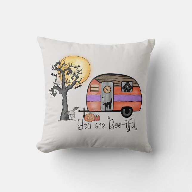 You Are Boo-tiful – Camper Van with Spooky Tree Throw Pillow (Front)