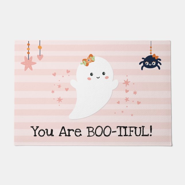 You are Bootiful Kawaii Ghost Pink Halloween Doormat (Front)