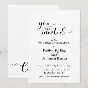 "You Are Invited" Elegant Calligraphy Black White Invitation