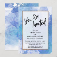 You Are Invited Gold Border Abstract Blue Splash