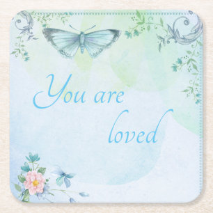 "You are loved" Blue Butterfly Square Paper Coaster