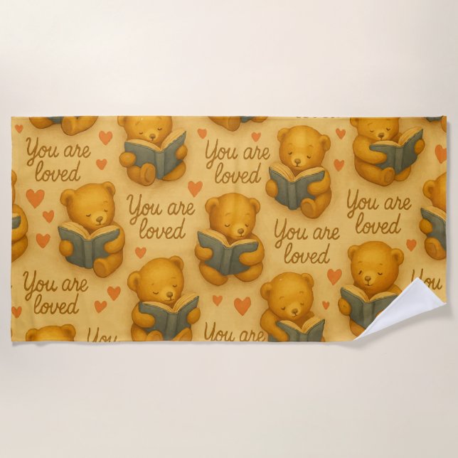 You Are Loved – Cozy Bear Reading Beach Towel (Front)