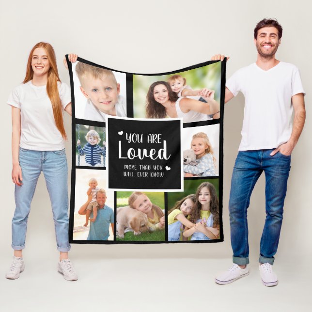 You Are Loved Hearts Black White 7 Photo Collage Fleece Blanket (In Situ)