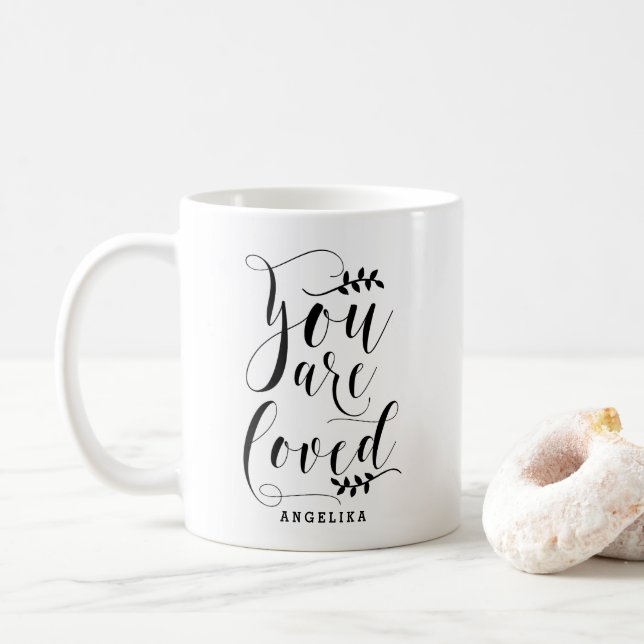 You Are Loved Modern Calligraphy Personalized Coffee Mug (With Donut)