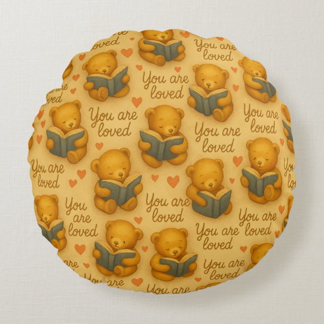 You Are Loved – Round Watercolor Bear Pillow (Front)