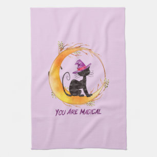 You Are Magical – Witch Black Cat on Crescent Moon Kitchen Towel