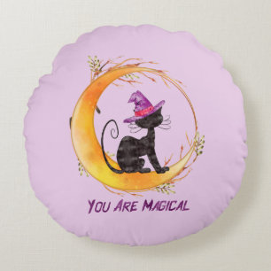 You Are Magical – Witch Black Cat on Crescent Moon Round Pillow