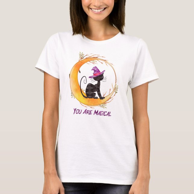 You Are Magical – Witch Black Cat on Crescent Moon T-Shirt (Front)
