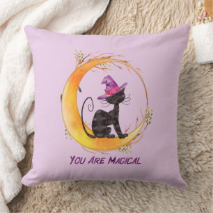 You Are Magical – Witch Black Cat on Crescent Moon Throw Pillow