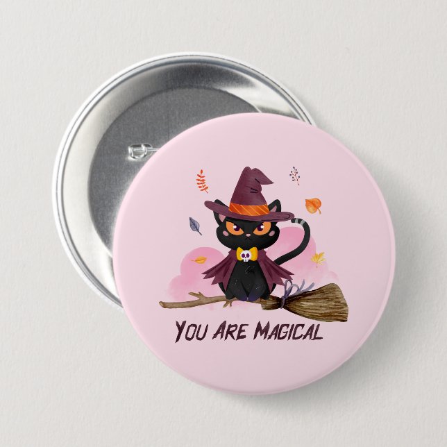 You Are Magical – Witch Cat Riding a Broom 3 Inch Round Button (Front & Back)