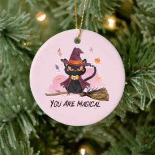 You Are Magical – Witch Cat Riding a Broom Ceramic Ornament