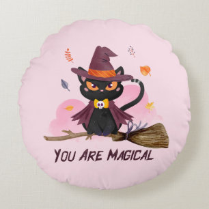You Are Magical – Witch Cat Riding a Broom Round Pillow