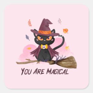You Are Magical – Witch Cat Riding a Broom Square Sticker