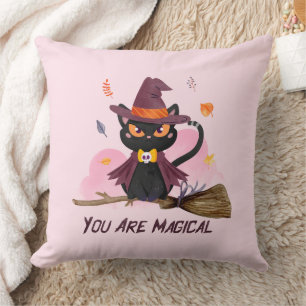 You Are Magical – Witch Cat Riding a Broom Throw Pillow