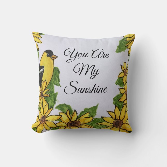 You Are My Sunshine Happy Bird Sunflowers Throw Pillow (Front)