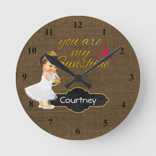 You Are My Sunshine Princess Burlap Girl Nursery Round Clock