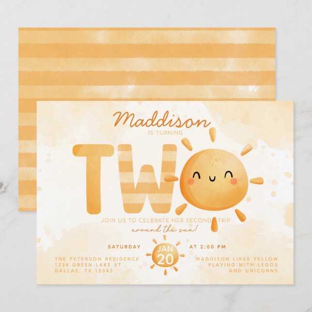 You Are My Sunshine turning TWO 2nd Birthday Party Invitation (Front/Back)