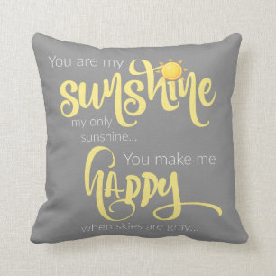 You are my sunshine; yellow on grey, with chevron throw pillow