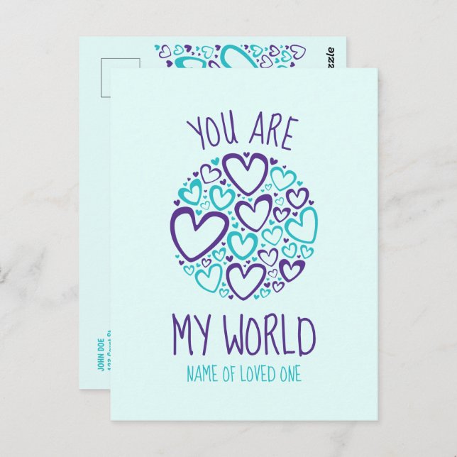 You Are My World Blue Purple Hearts for Loved One Postcard (Front/Back)