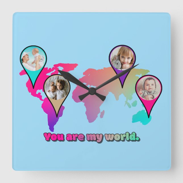 You Are My World Multicolor Map Photo Collage Square Wall Clock (Front)