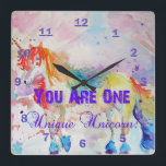 You Are One Unique Unicorn! Rainbow Girls Clock<br><div class="desc">You Are One Unique Unicorn! Rainbow Girls Clock. For all those young at heart a lovely unicorn card,  using one of my original watercolors. Add a little magic to your life!</div>