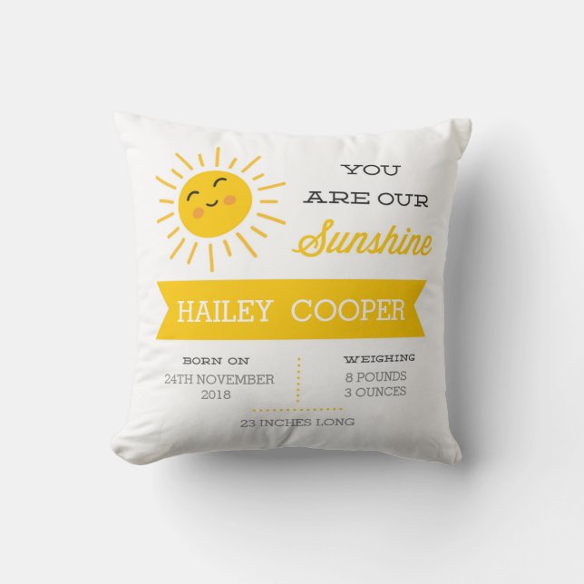 You are our Sunshine - Nursery Birth Stats Pillow (Front)
