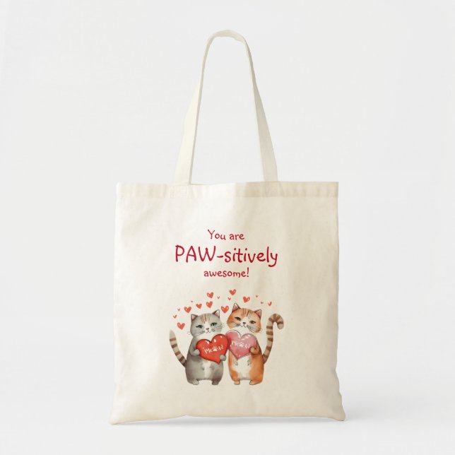 You Are Pawsitively Awesome Red and Pink Cat Tote Bag (Front)