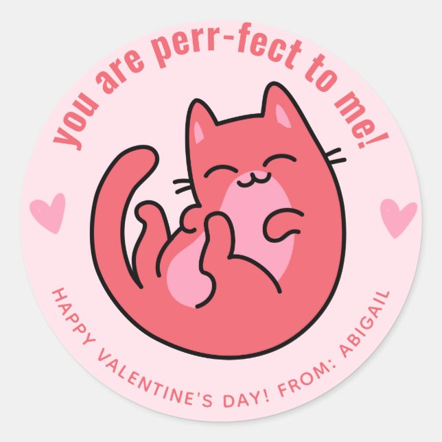 You Are Perr-fect! Cute Cat Classroom Valentine Classic Round Sticker (Front)