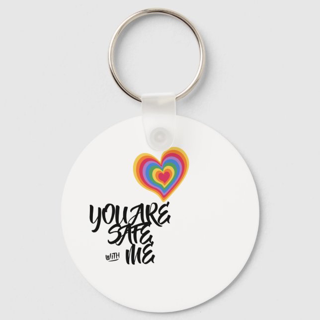 You Are Safe With Me LGBTQ Rainbow Pride Heart Keychain (Front)