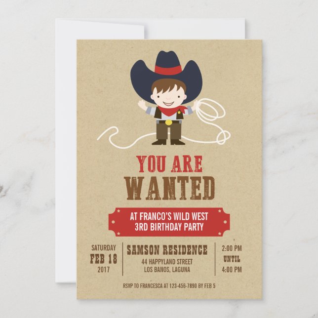 You Are Wanted Cowboy Western Birthday Invitation (Front)